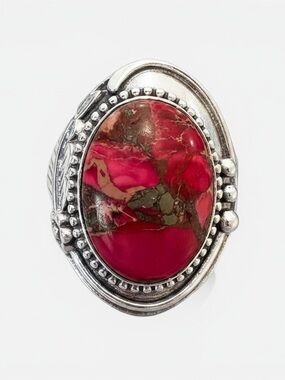 Red Jasper Oval Statement Ring Silver Boho Western Bold Stone